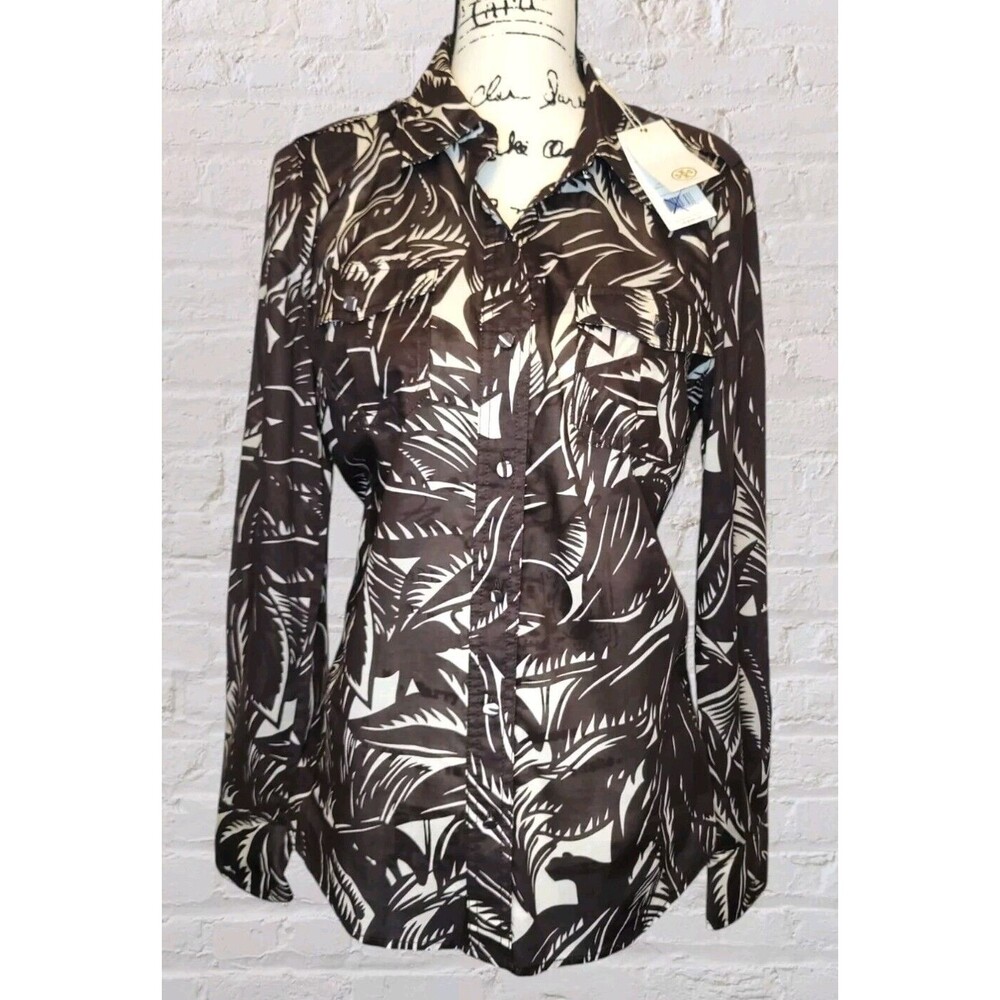 NEW Tory Burch Shirt Womens 10 Brown Tropical Palm Leaf Print Office Career Corp
